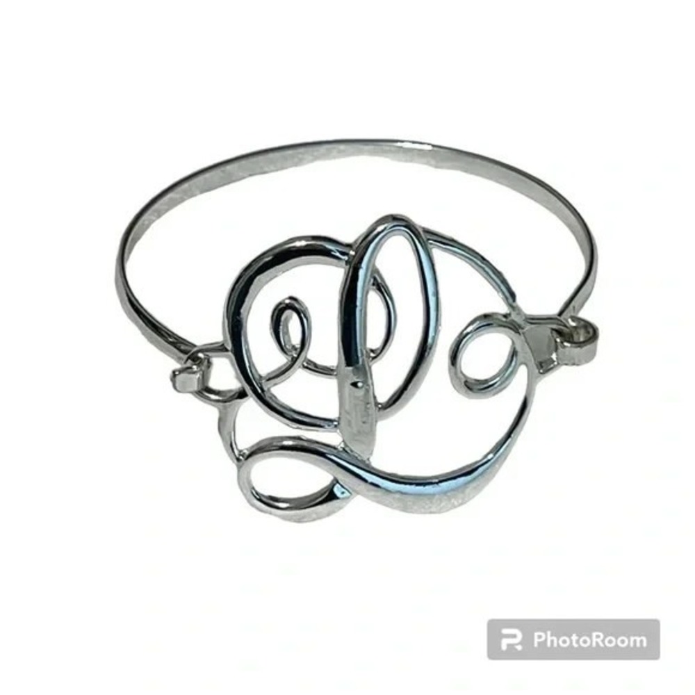 Silver Tone Cursive Monogram L Statement Bangle Bracelet
